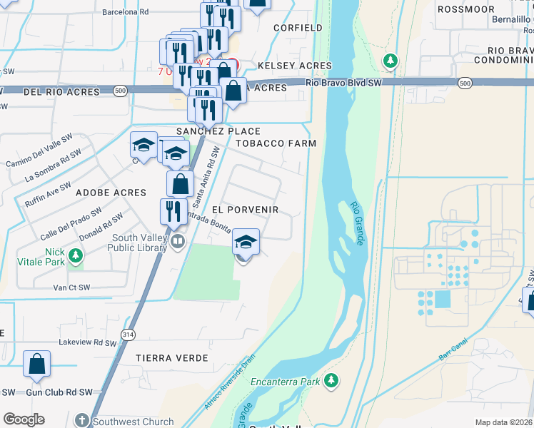 map of restaurants, bars, coffee shops, grocery stores, and more near 3411 El Porvenir Circle Southwest in Albuquerque
