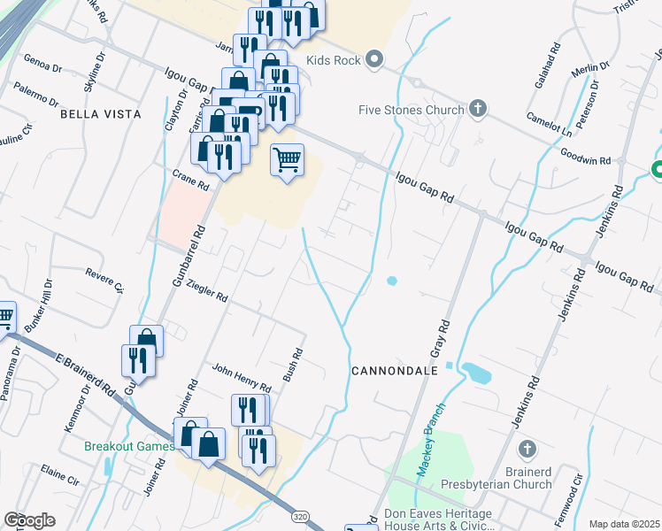 map of restaurants, bars, coffee shops, grocery stores, and more near 1870 Cannondale Loop in Chattanooga