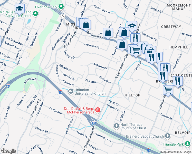 map of restaurants, bars, coffee shops, grocery stores, and more near 3404 Glendon Drive in Chattanooga