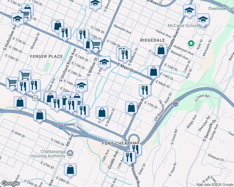 map of restaurants, bars, coffee shops, grocery stores, and more near 2335 East 18th Street in Chattanooga
