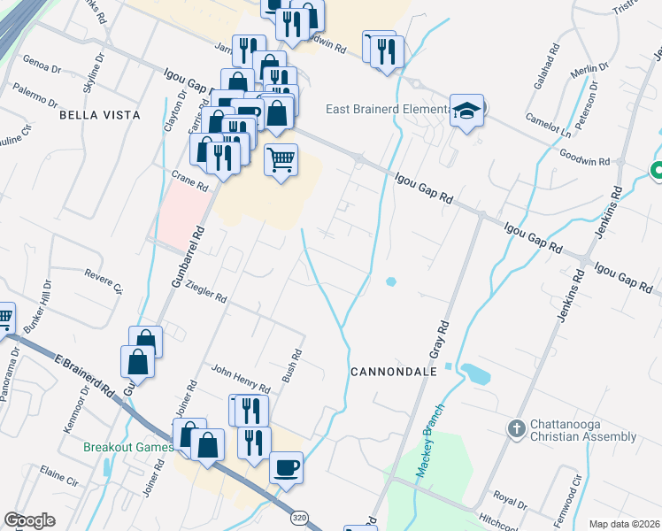 map of restaurants, bars, coffee shops, grocery stores, and more near 1870 Cannondale Loop in Chattanooga