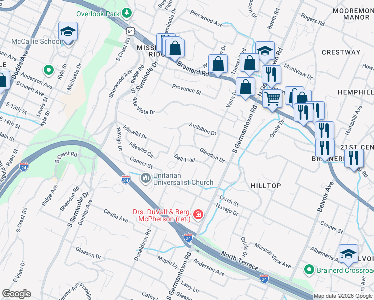 map of restaurants, bars, coffee shops, grocery stores, and more near 3404 Glendon Drive in Chattanooga