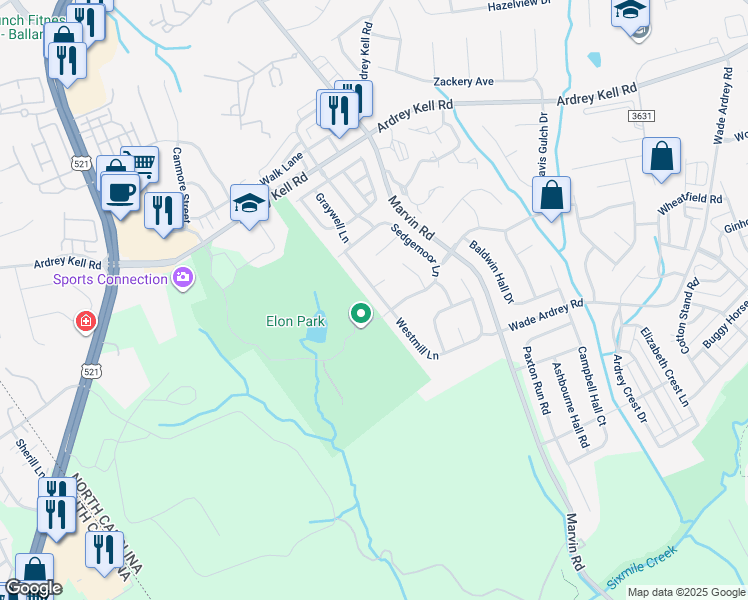map of restaurants, bars, coffee shops, grocery stores, and more near 17210 Westmill Lane in Charlotte