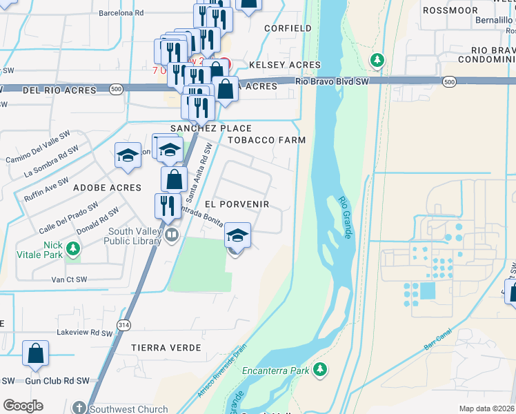 map of restaurants, bars, coffee shops, grocery stores, and more near 3411 El Porvenir Circle Southwest in Albuquerque