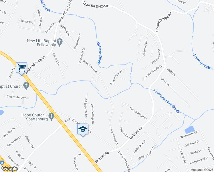 map of restaurants, bars, coffee shops, grocery stores, and more near 101 Forestview Drive in Boiling Springs