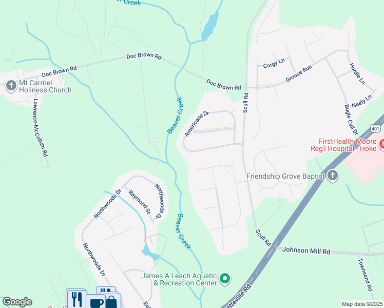 map of restaurants, bars, coffee shops, grocery stores, and more near 337 Americana Drive in Raeford