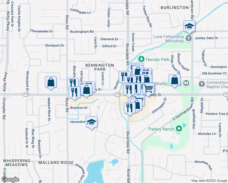 map of restaurants, bars, coffee shops, grocery stores, and more near 6895 Cleary Drive in Memphis