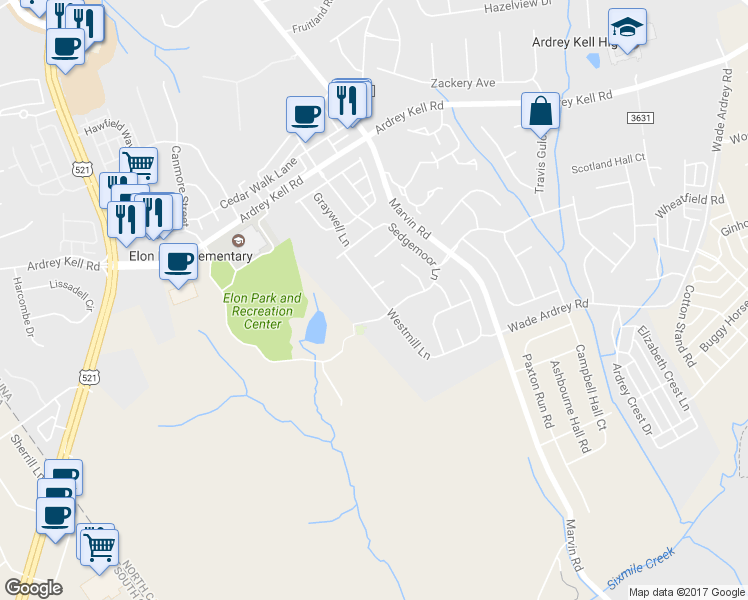 map of restaurants, bars, coffee shops, grocery stores, and more near 17210 Westmill Lane in Charlotte
