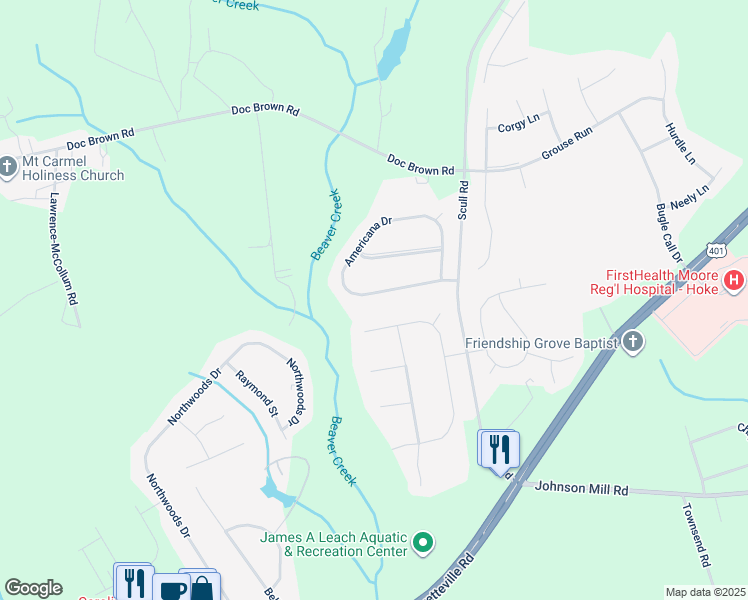 map of restaurants, bars, coffee shops, grocery stores, and more near 337 Americana Drive in Raeford