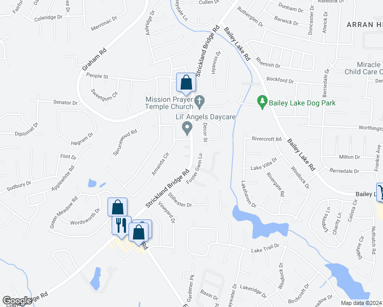 map of restaurants, bars, coffee shops, grocery stores, and more near 1732 Strickland Bridge Road in Fayetteville