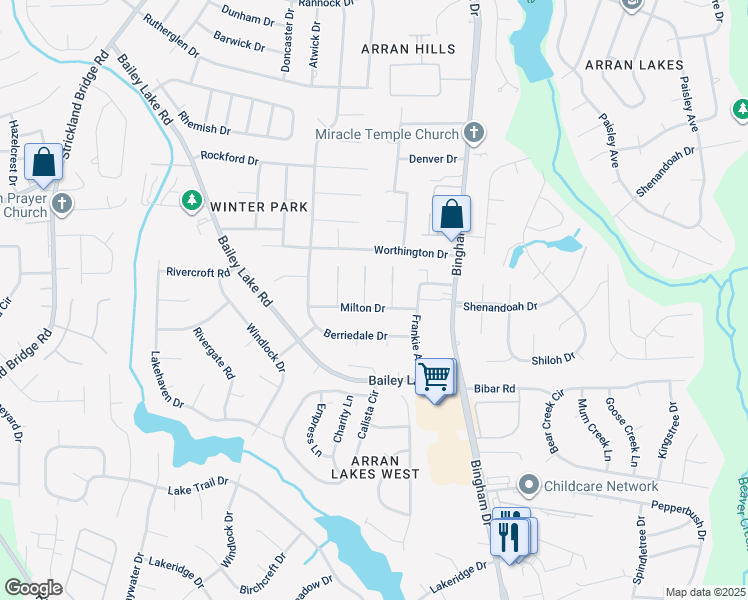 map of restaurants, bars, coffee shops, grocery stores, and more near 6312 Milton Drive in Fayetteville