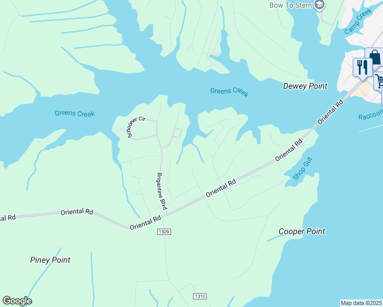 map of restaurants, bars, coffee shops, grocery stores, and more near 6114 Raccoon Run in Oriental