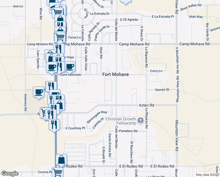 map of restaurants, bars, coffee shops, grocery stores, and more near 4681 South Lindero Drive in Fort Mohave