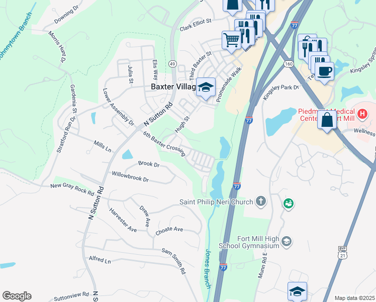 map of restaurants, bars, coffee shops, grocery stores, and more near 603 6th Baxter Crossing in Fort Mill