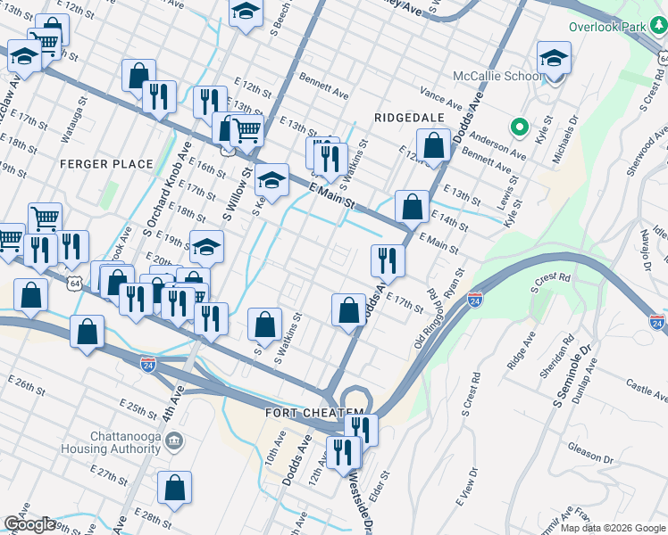 map of restaurants, bars, coffee shops, grocery stores, and more near 2441 East 17th Street in Chattanooga