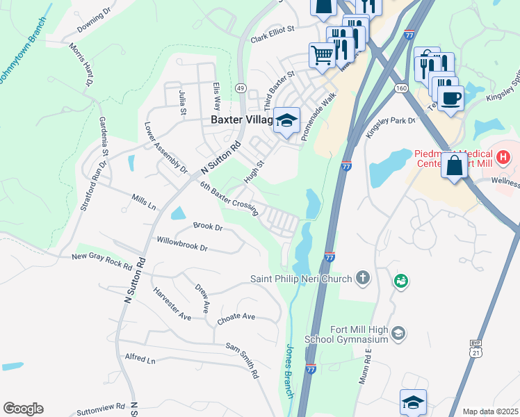 map of restaurants, bars, coffee shops, grocery stores, and more near 603 6th Baxter Crossing in Fort Mill
