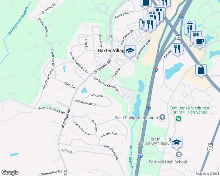 map of restaurants, bars, coffee shops, grocery stores, and more near 562 6th Baxter Crossing in Fort Mill