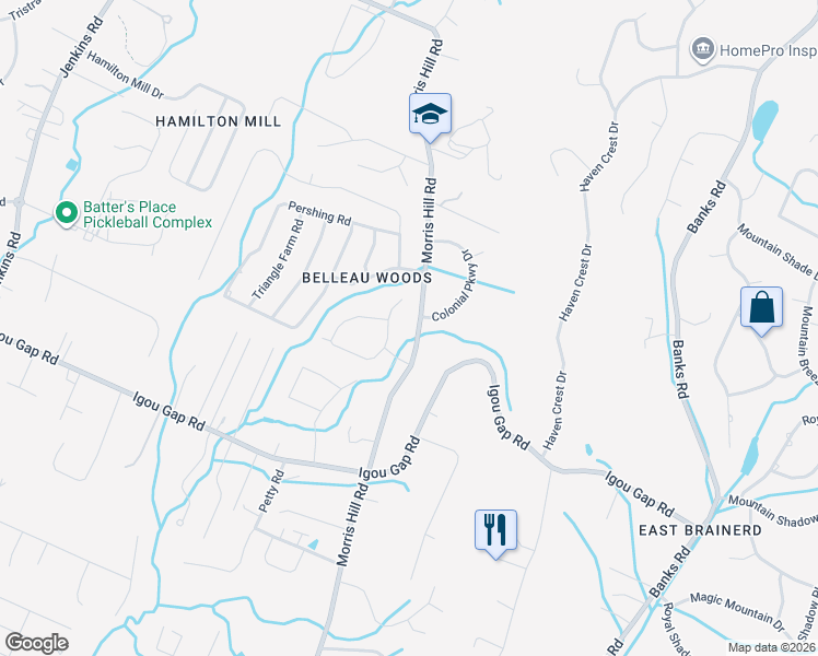 map of restaurants, bars, coffee shops, grocery stores, and more near 2012 Morris Hill Road in Chattanooga