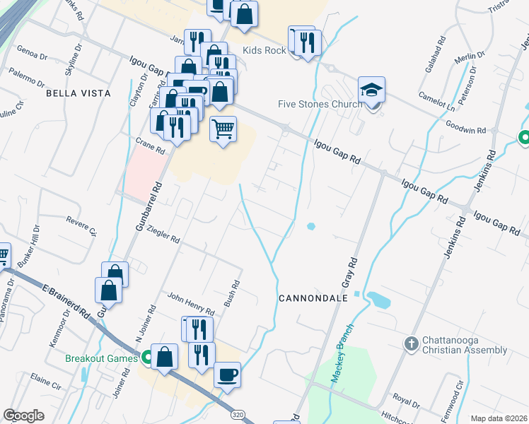 map of restaurants, bars, coffee shops, grocery stores, and more near 1870 Cannondale Loop in Chattanooga