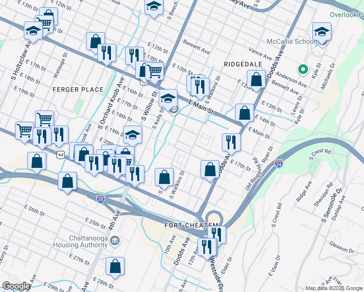 map of restaurants, bars, coffee shops, grocery stores, and more near 2335 East 18th Street in Chattanooga