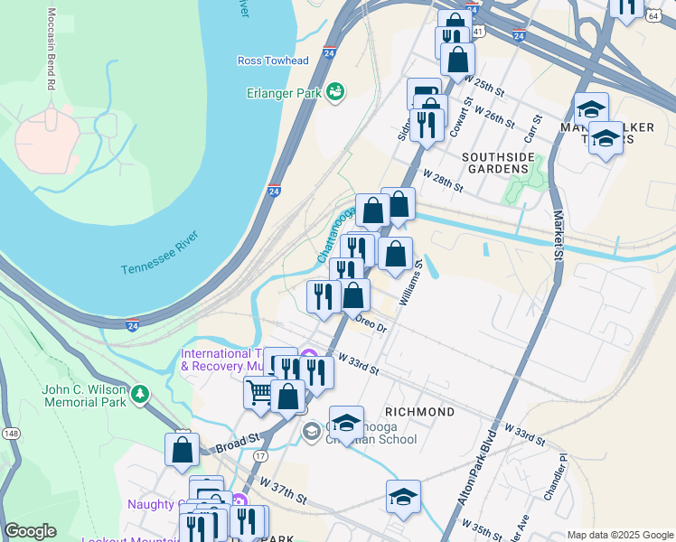map of restaurants, bars, coffee shops, grocery stores, and more near 3146 Saint Elmo Avenue in Chattanooga