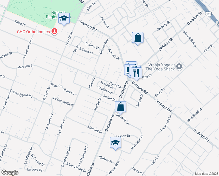 map of restaurants, bars, coffee shops, grocery stores, and more near 426 Polaris Drive in Nipomo