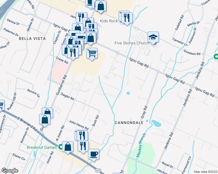 map of restaurants, bars, coffee shops, grocery stores, and more near 1870 Cannondale Loop in Chattanooga