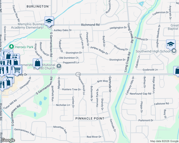 map of restaurants, bars, coffee shops, grocery stores, and more near 7443 Southwind Cove in Memphis