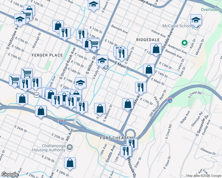 map of restaurants, bars, coffee shops, grocery stores, and more near 2335 East 18th Street in Chattanooga