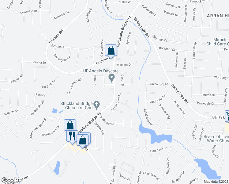map of restaurants, bars, coffee shops, grocery stores, and more near 1730 Strickland Bridge Road in Fayetteville