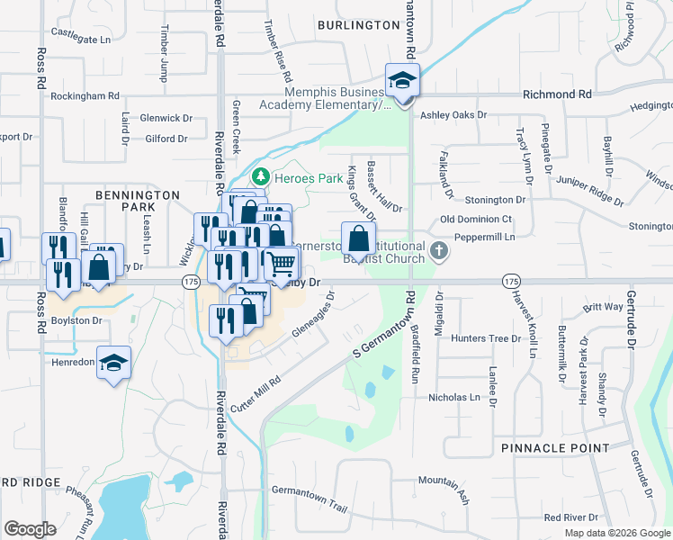 map of restaurants, bars, coffee shops, grocery stores, and more near 7122 East Shelby Drive in Memphis