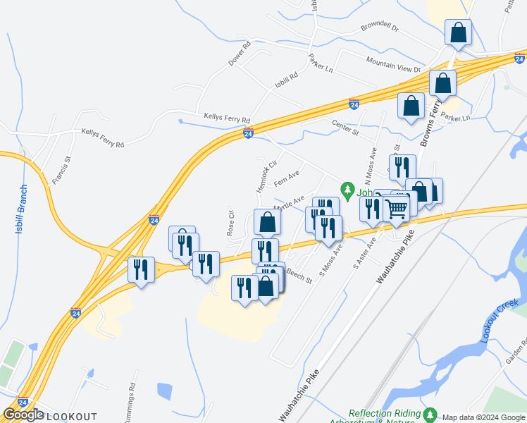 map of restaurants, bars, coffee shops, grocery stores, and more near 3508 Myrtle Avenue in Chattanooga