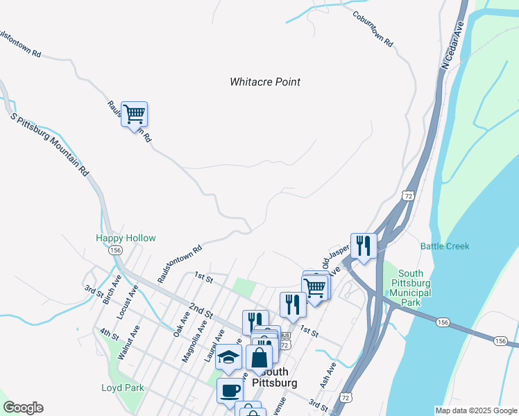 map of restaurants, bars, coffee shops, grocery stores, and more near in South Pittsburg