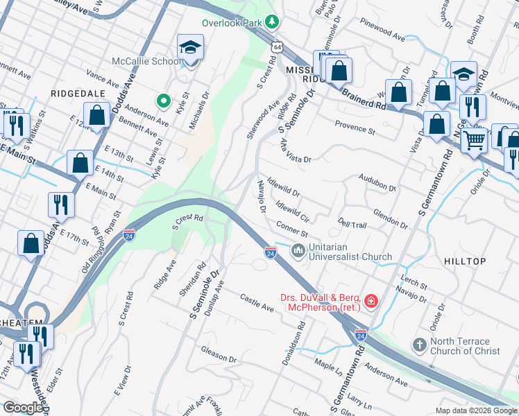 map of restaurants, bars, coffee shops, grocery stores, and more near 3126 Navajo Drive in Chattanooga