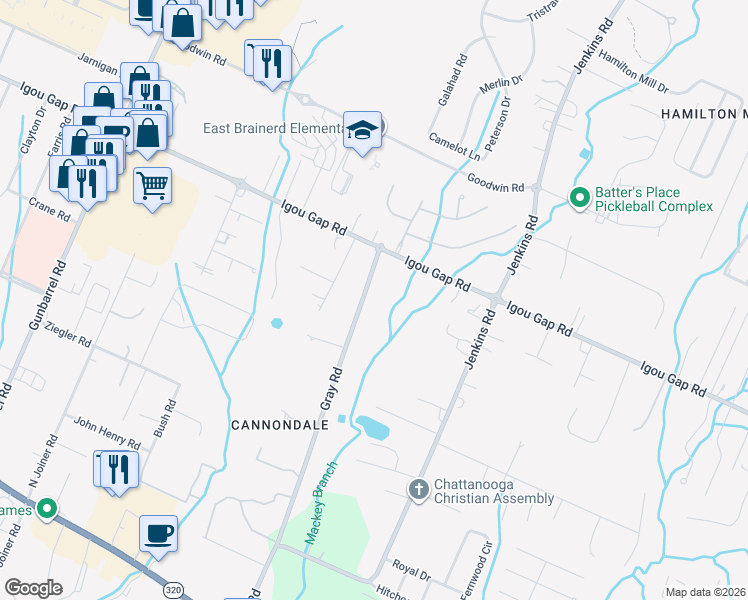 map of restaurants, bars, coffee shops, grocery stores, and more near 1814 Gray Road in Chattanooga