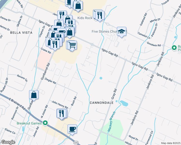 map of restaurants, bars, coffee shops, grocery stores, and more near 1915 Cannondale Loop in Chattanooga