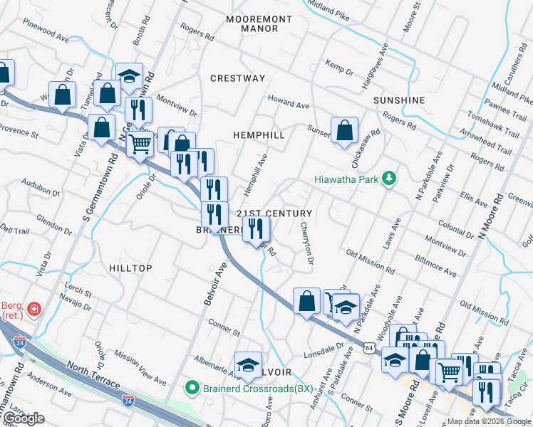 map of restaurants, bars, coffee shops, grocery stores, and more near 102 Talley Road in Chattanooga