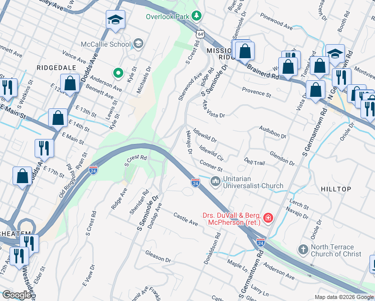 map of restaurants, bars, coffee shops, grocery stores, and more near 3126 Navajo Drive in Chattanooga
