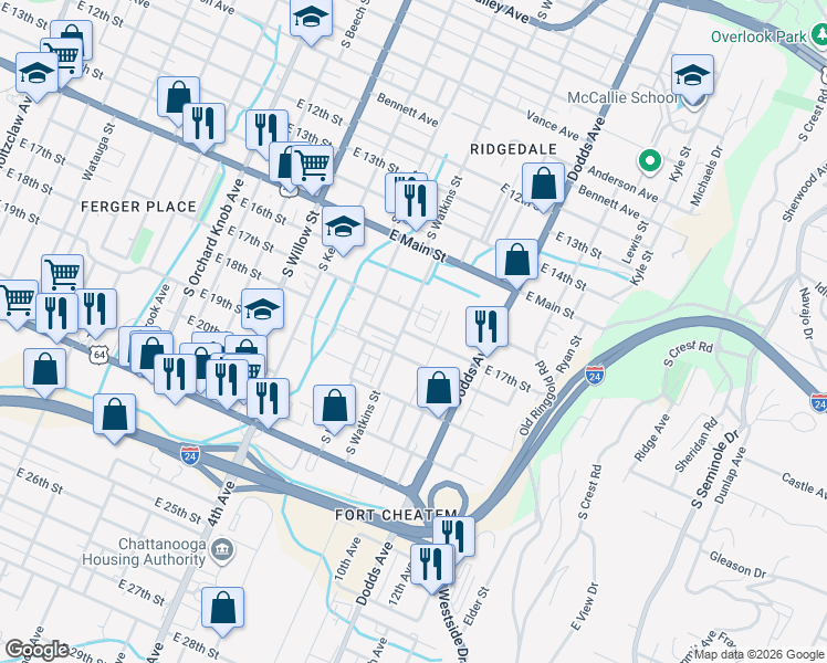 map of restaurants, bars, coffee shops, grocery stores, and more near 1700 South Watkins Street in Chattanooga