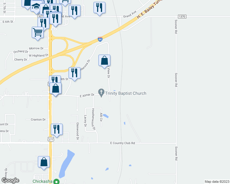 map of restaurants, bars, coffee shops, grocery stores, and more near 2727 Valley View Drive in Chickasha