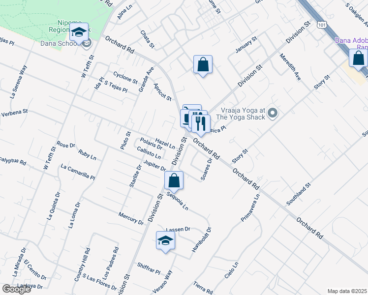 map of restaurants, bars, coffee shops, grocery stores, and more near 945 Jeanette Lane in Nipomo