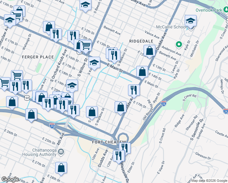 map of restaurants, bars, coffee shops, grocery stores, and more near 1700 South Watkins Street in Chattanooga