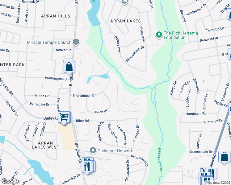 map of restaurants, bars, coffee shops, grocery stores, and more near 1612 Winnabow Drive in Fayetteville
