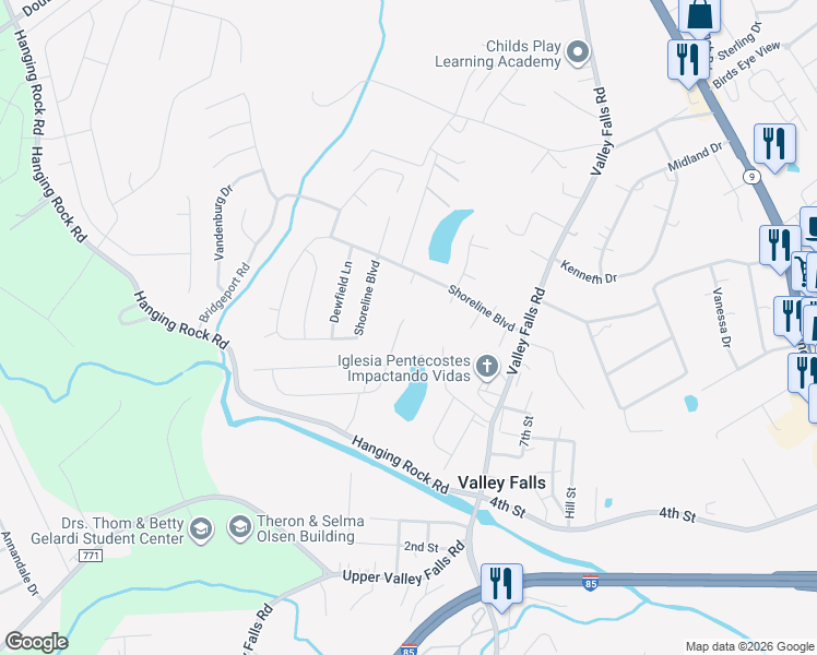 map of restaurants, bars, coffee shops, grocery stores, and more near 966 Deepwood Court in Boiling Springs
