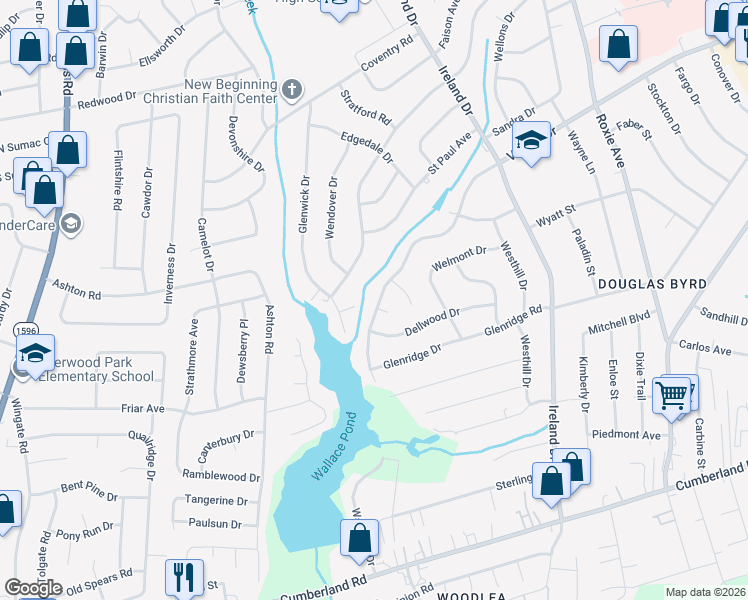 map of restaurants, bars, coffee shops, grocery stores, and more near 4130 Village Drive in Fayetteville