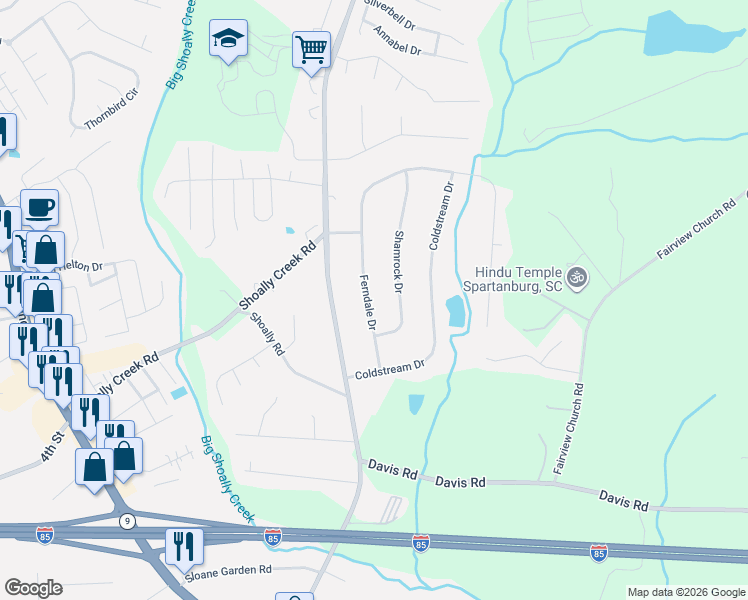 map of restaurants, bars, coffee shops, grocery stores, and more near 226 Ferndale Drive in Boiling Springs