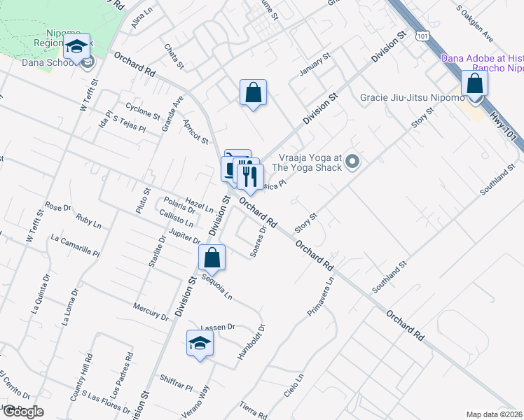 map of restaurants, bars, coffee shops, grocery stores, and more near 555 Orchard Road in Nipomo