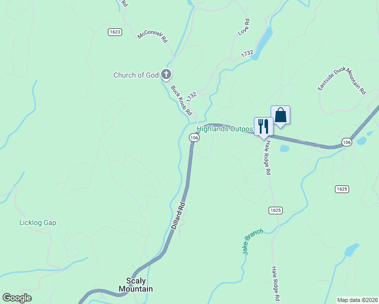 map of restaurants, bars, coffee shops, grocery stores, and more near 7829 Dillard Road in Scaly Mountain