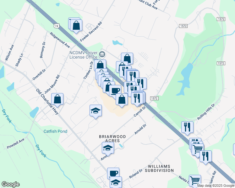 map of restaurants, bars, coffee shops, grocery stores, and more near 2901 U.S. 74 in Monroe