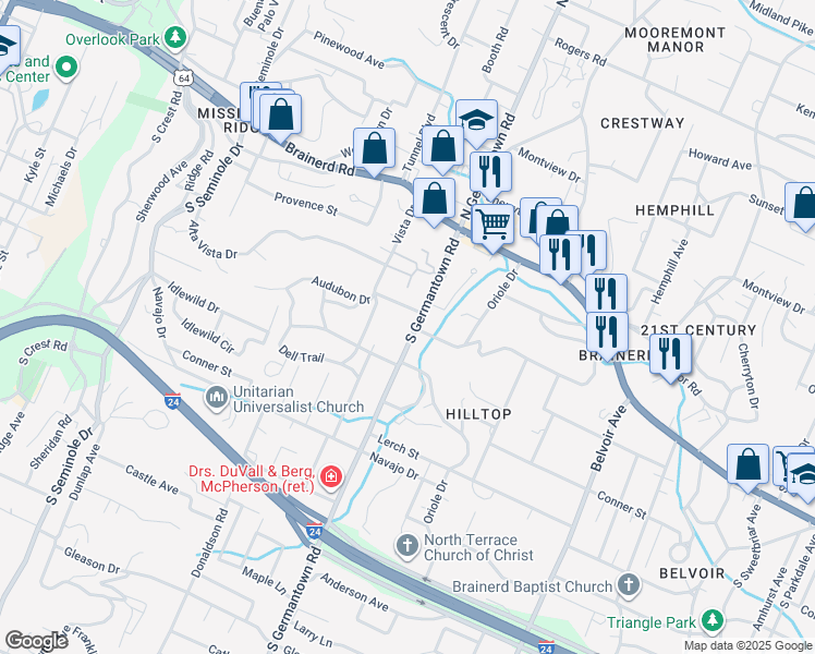 map of restaurants, bars, coffee shops, grocery stores, and more near 100 South Germantown Road in Chattanooga